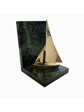 Vintage Green Marble Single Bookend Polished Brass Sailboat MCM Nautical Decor